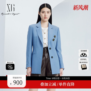 XG雪歌XJ307010A319藍色綿羊毛長袖 2024秋季 新款 兩粒扣外套女 西裝
