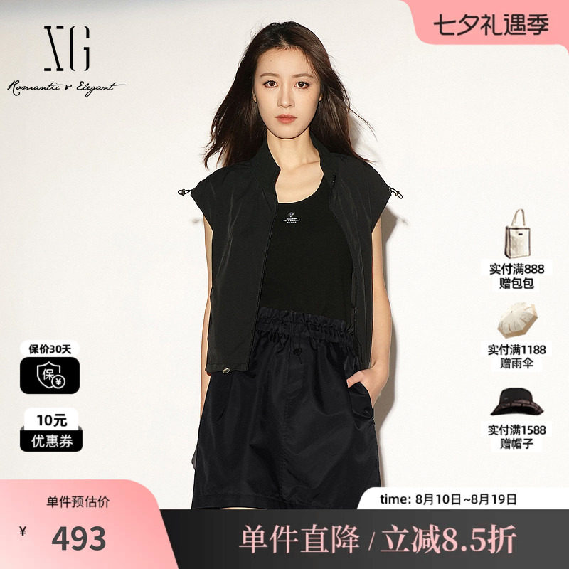 XG/雪歌XL224007A990 黑色直筒工装风口袋马甲薄户外马夹外套女装