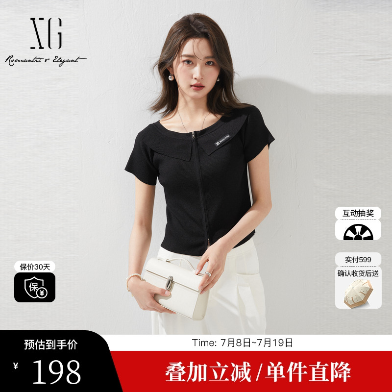 XG雪歌XK211668A890黑色短袖毛针织衫时尚夏季新款薄款开衫上衣女