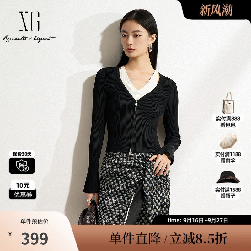 XG/雪歌XK111502A890 黑白色假两件针织衫修身显瘦套头长袖毛衣女