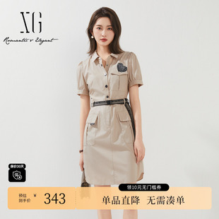 印花短袖 新款 春季 中长裙女 雪歌XJ104022A673卡其色连衣裙时尚