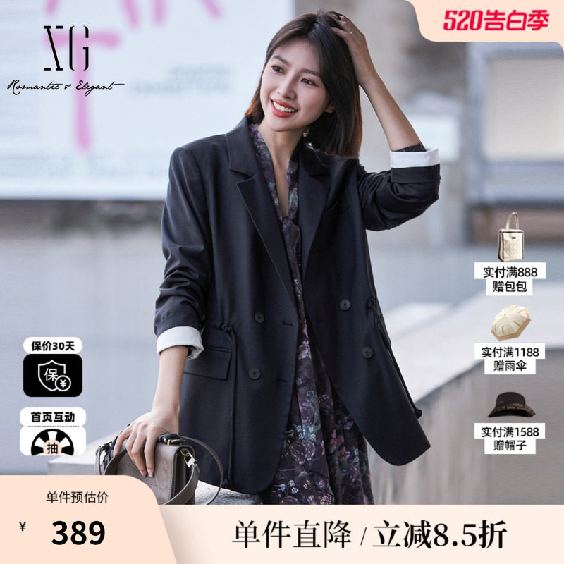 XG雪歌XK107009A390黑色长袖休闲西装2025春季新款抽绳收腰外套女