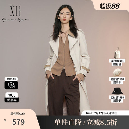XG雪歌XK308004A460浅米色中长款风衣2025秋季新款长袖翻领外套女