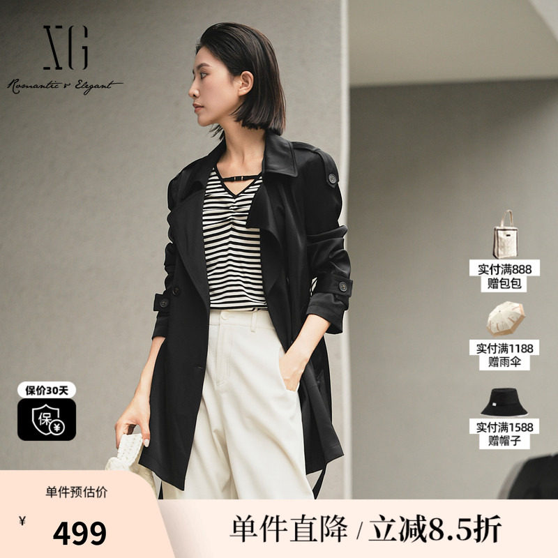 XG/雪歌XK308012A290黑色休闲风衣2025秋季新款中长款长袖外套女