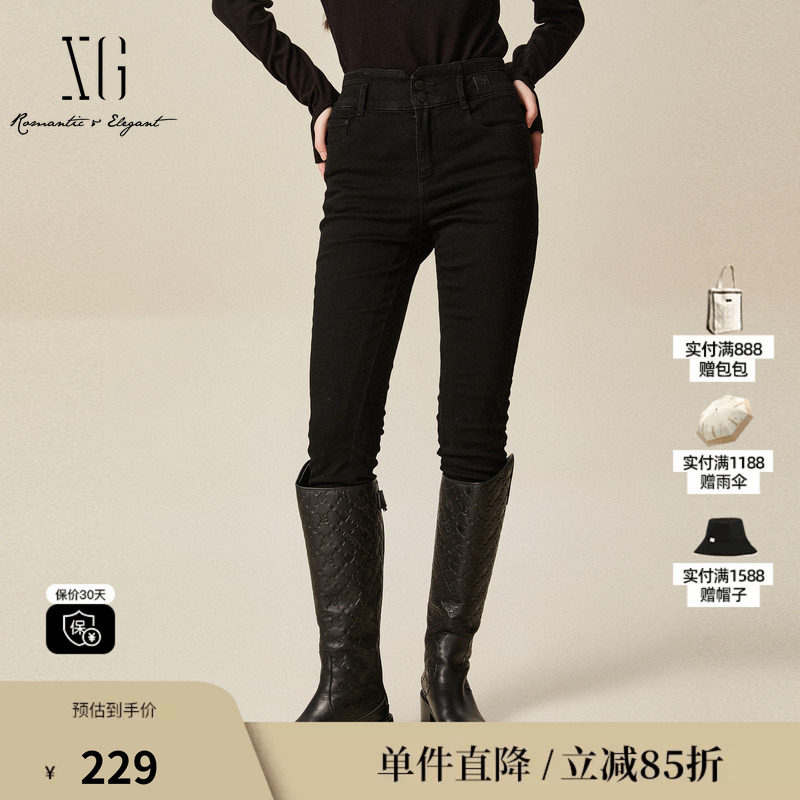 XG/雪歌XJ402058A690黑色高腰修身牛仔裤时尚冬季新款直筒长裤女