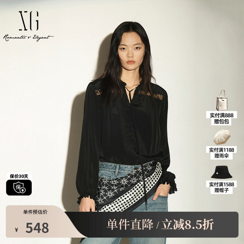 XG/雪歌 XL321024A490黑色花边领长袖衬衫蕾丝镂空垂感绑带薄女装