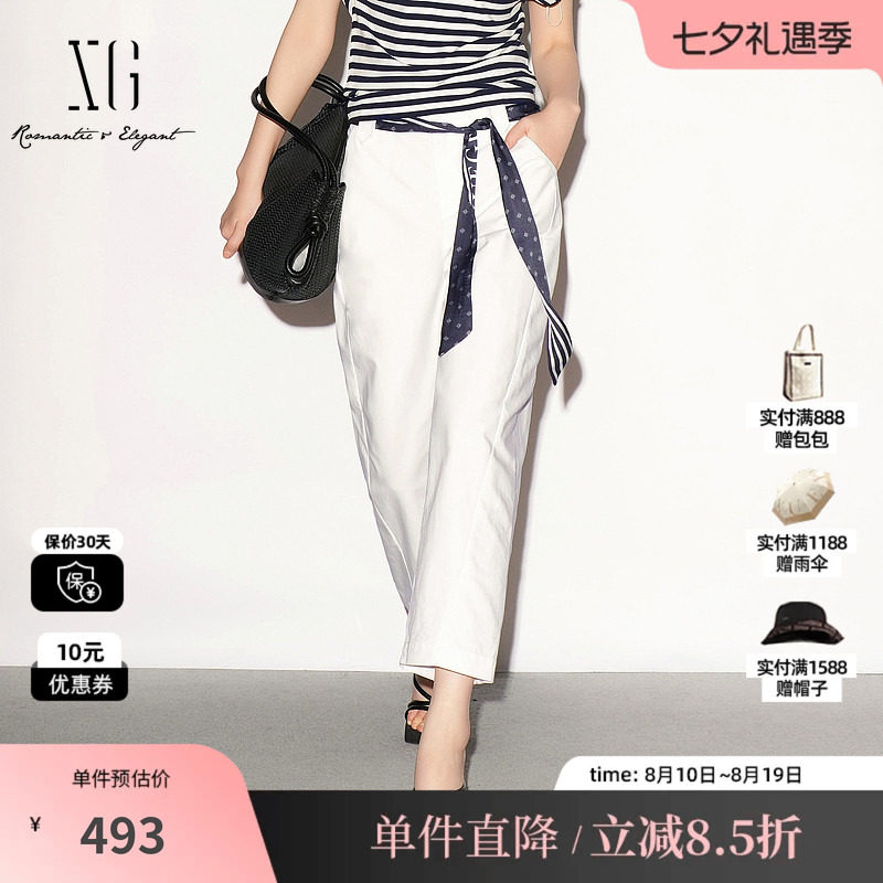 XG/雪歌XL202008A351 白色纯棉直筒休闲裤配飘带薄款阔腿九分裤女