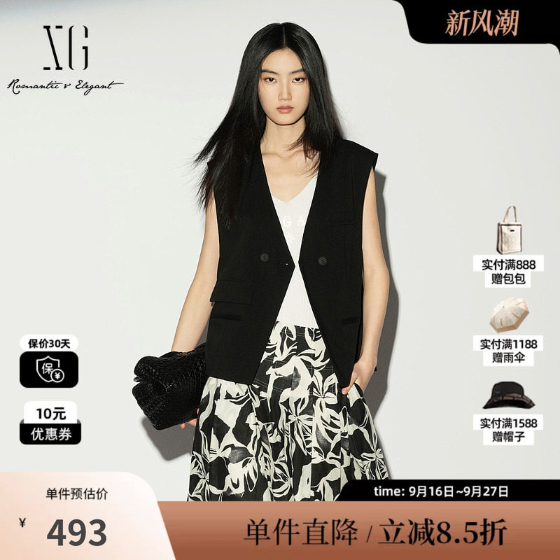 XG/雪歌XL224002A290黑色V领无袖西装马甲直筒薄款搭配外穿马夹女
