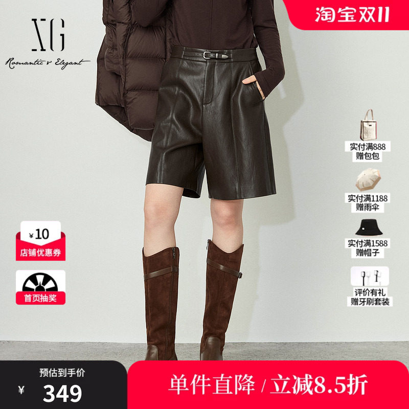XG/雪歌 XL402013A672深咖色PU皮质腰带休闲裤简约直筒中短裤女装