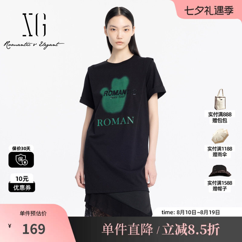XG雪歌XJ204049A690黑色纯棉连衣裙 时尚夏季新款短袖亮片T恤裙女