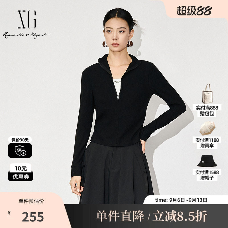 XG/雪歌XL401607B890拼接设计长袖T恤2025冬季新款黑色修身上衣女