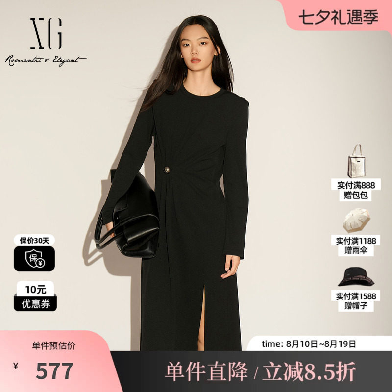 XG/雪歌XL104017A190黑色长袖连衣裙2026春季新款褶皱中长裙女装
