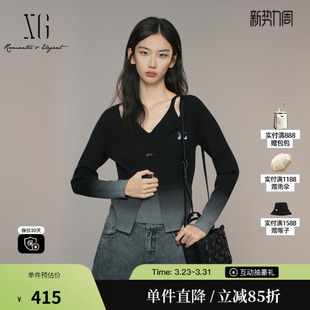 雪歌XK311041B490 女装 渐变假两件长袖 感显瘦黑色毛衫 毛针织衫