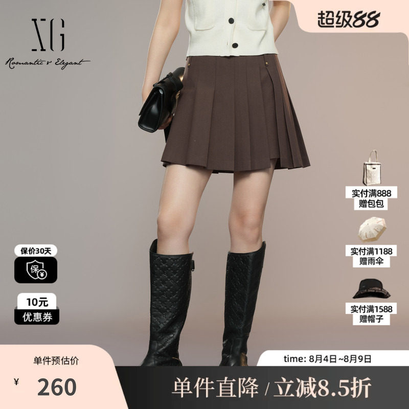 XG/雪歌XK303013A572深咖色半身裙2025秋季新款不规则百褶短裙女