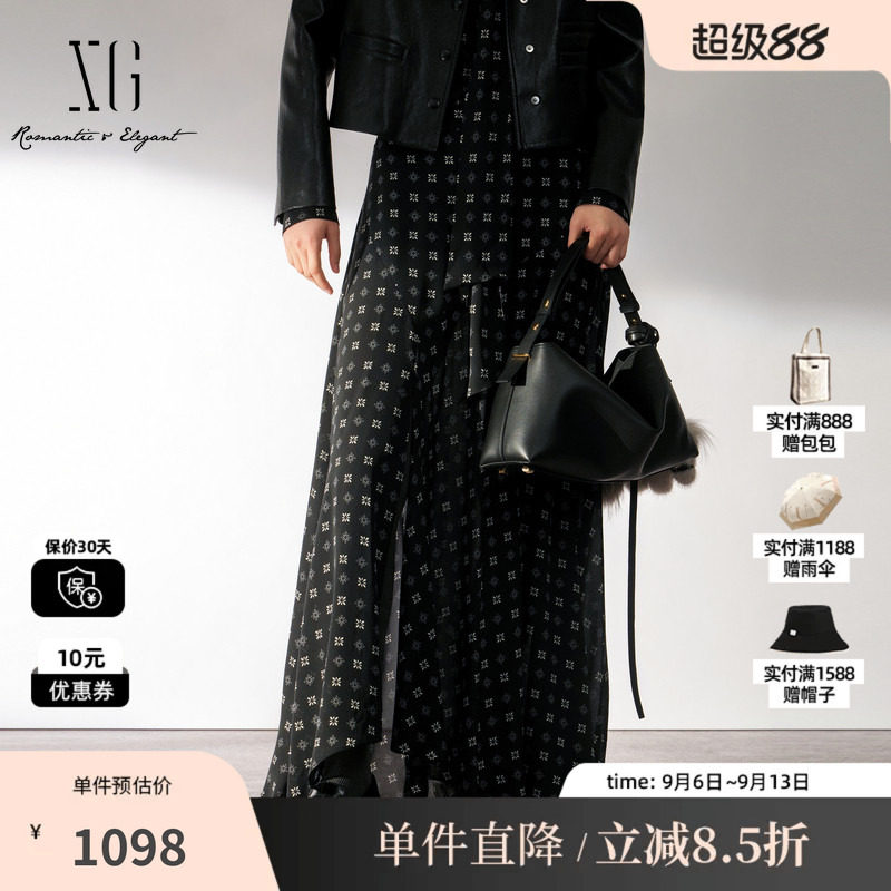 XG/雪歌XL403016B194黑色满印桑蚕丝不规则A字半身裙休闲长裙女装
