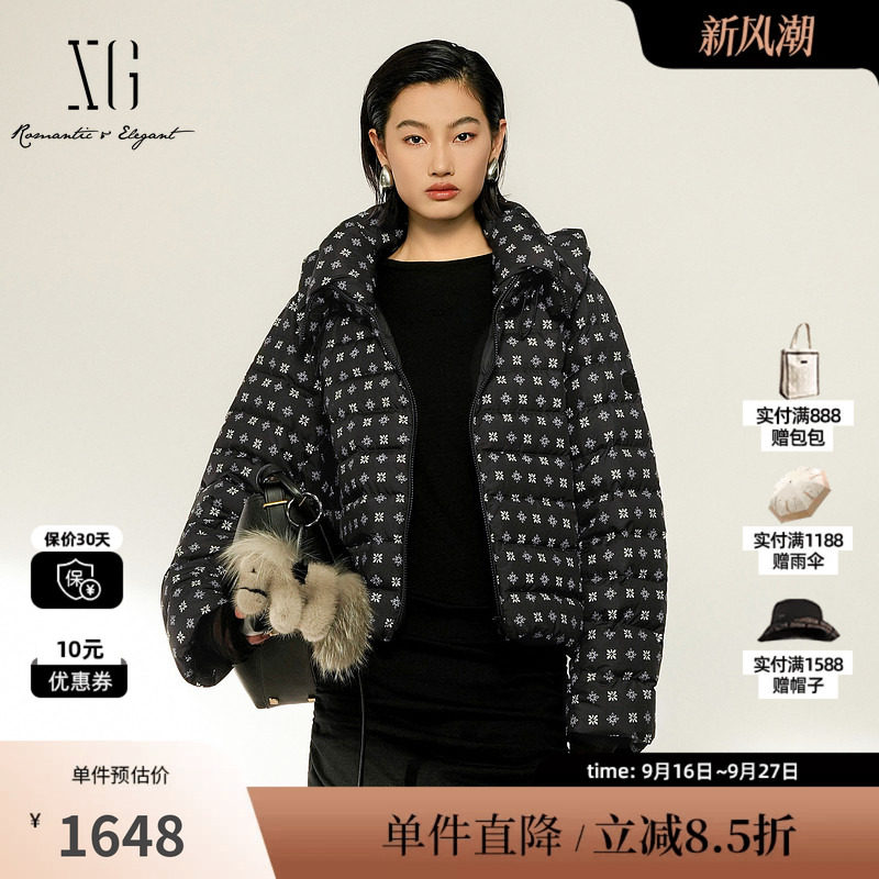 XG/雪歌 XL406041B294黑色波点立领鹅绒羽绒服短款直筒保暖外套女