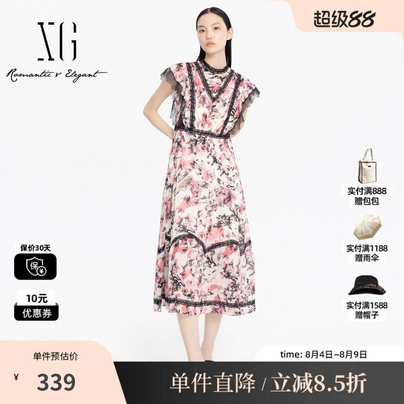 XG/雪歌XJ204011B893碎花短袖连衣裙时尚夏季新款蕾丝拼接长裙女