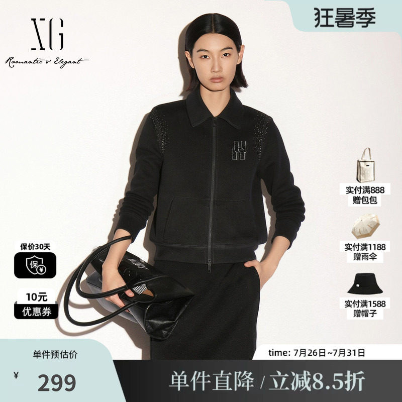 XG/雪歌 XK307725A890黑色翻领长袖卫衣拉链短外套宽松直筒休闲女
