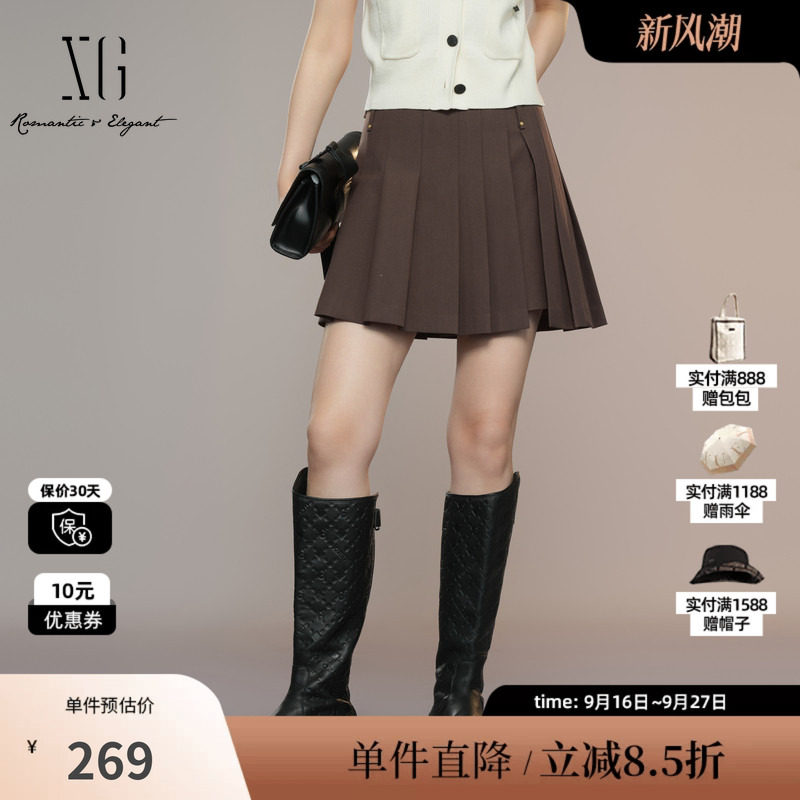 XG/雪歌XK303013A572深咖色半身裙2025秋季新款不规则百褶短裙女