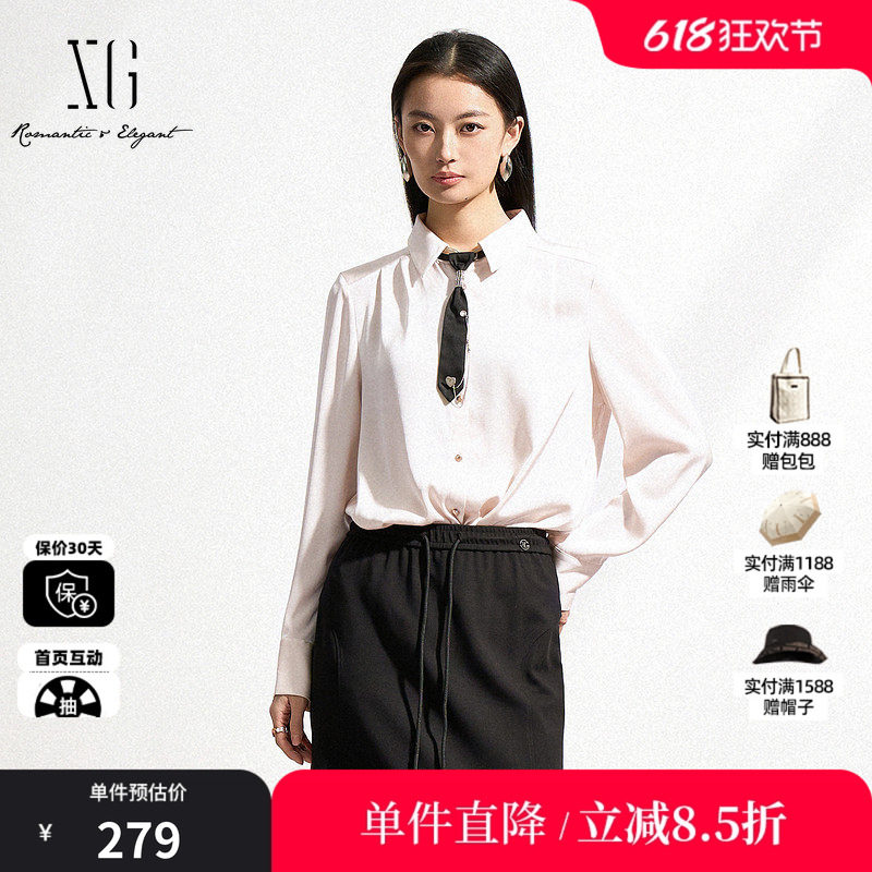 XG雪歌XK121001A151领带装饰长袖衬衫2025春季新款白色翻领上衣女