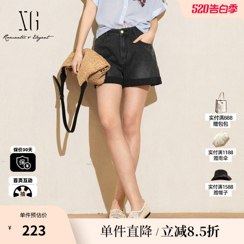 XG/雪歌XK202032A590薄款水洗牛仔短裤2025夏季新款黑色直筒裤女