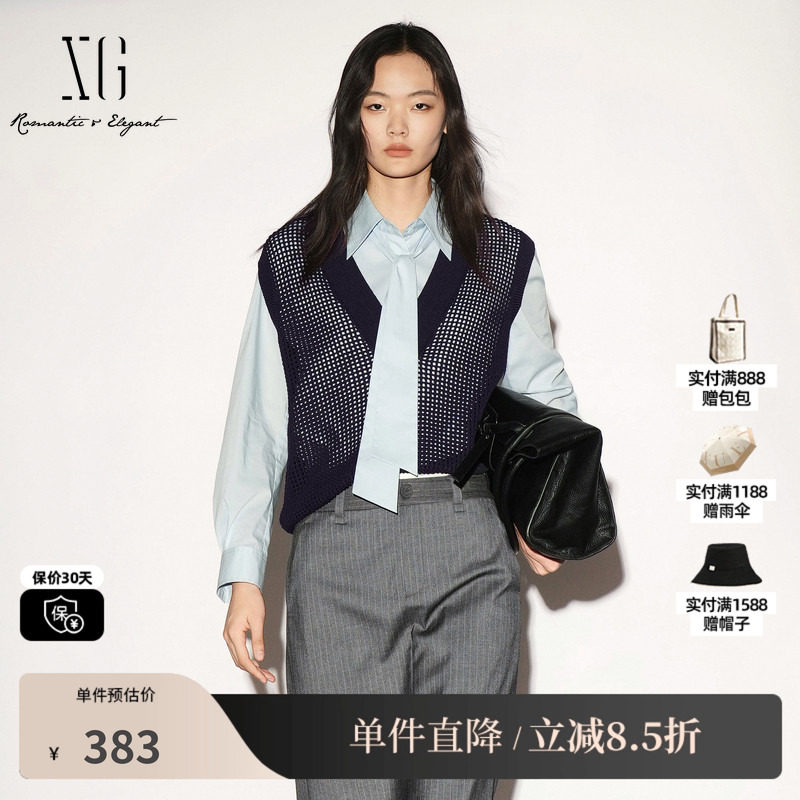 XG/雪歌XL311036A228藏青色镂空透视无袖V领针织衫直筒搭配背心女