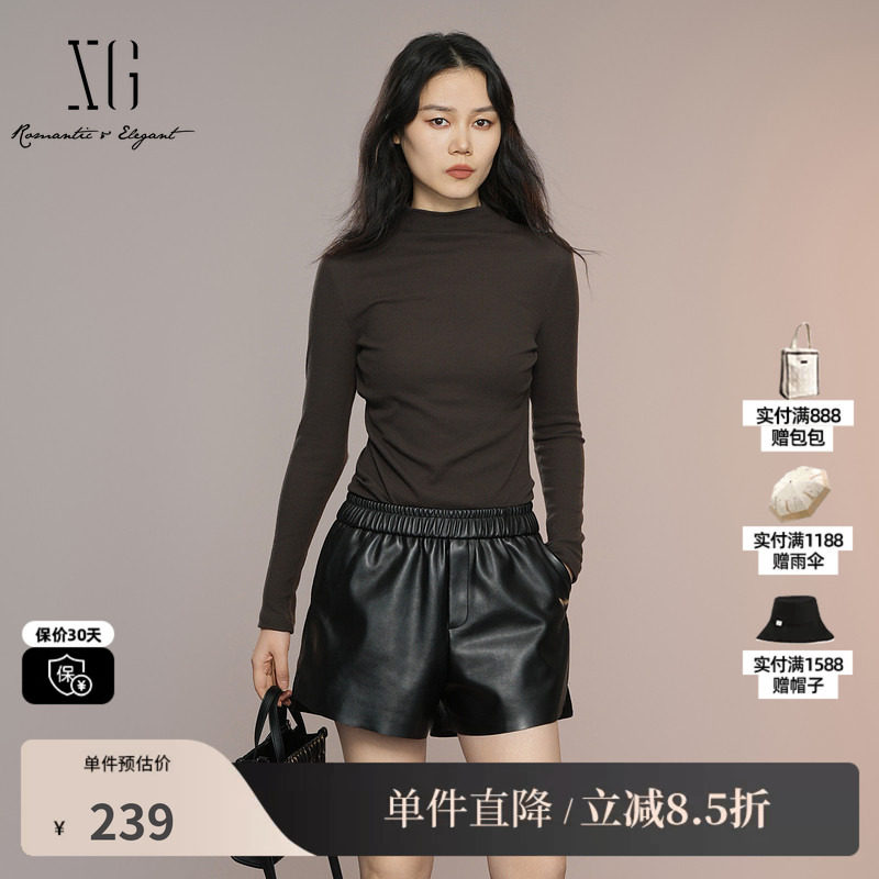 XG/雪歌XK301004A672深咖色长袖T恤2025秋季新款修身半高领棉感女
