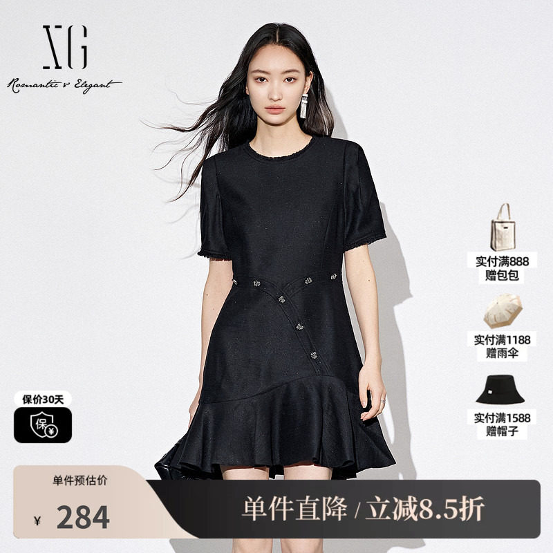 XG/雪歌XJ304006A290黑色短袖连衣裙2025秋季新款荷叶边短裙女装
