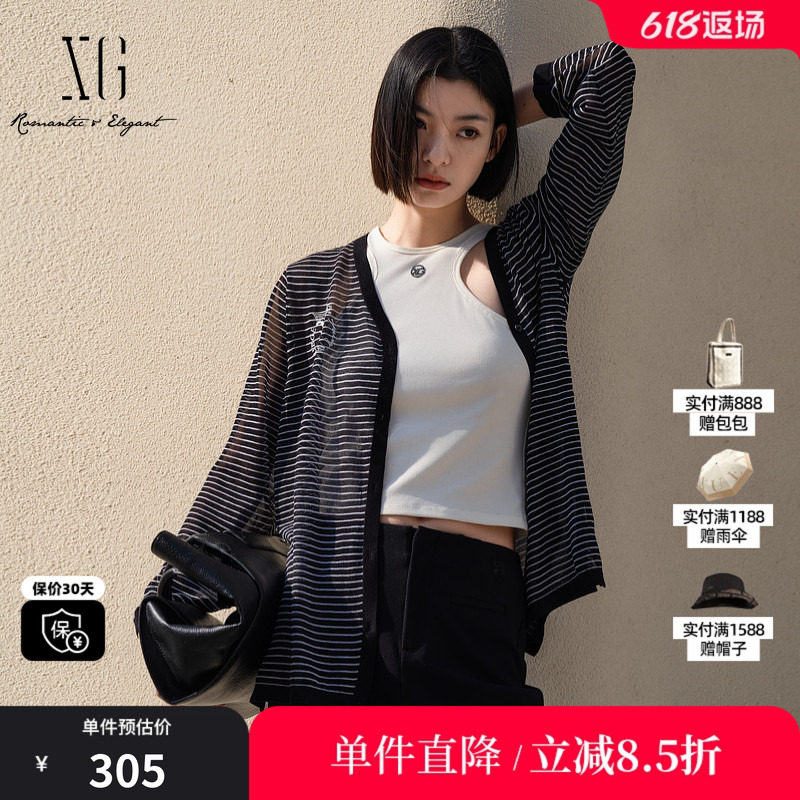 XG/雪歌XL111003B599条纹V领长袖针织开衫黑色印花薄款收腰打底女