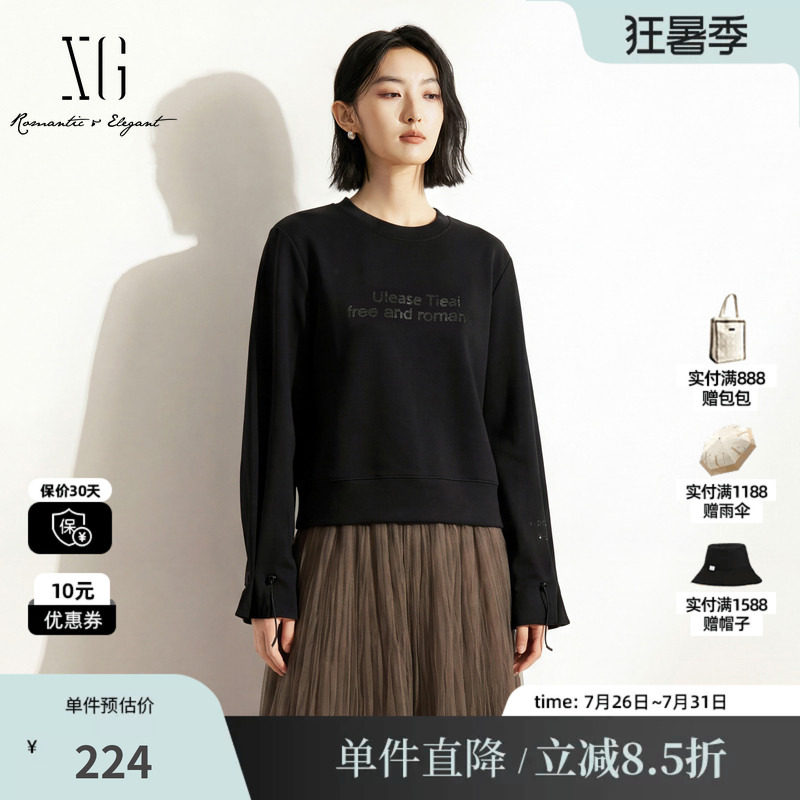 XG/雪歌XK301686A890黑色圆领落肩宽松直筒长袖T恤卫衣短款抽绳女