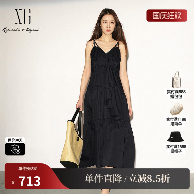 XG/雪歌XL204044A990黑色纯棉吊带连衣裙松紧高腰薄款无袖A字裙女