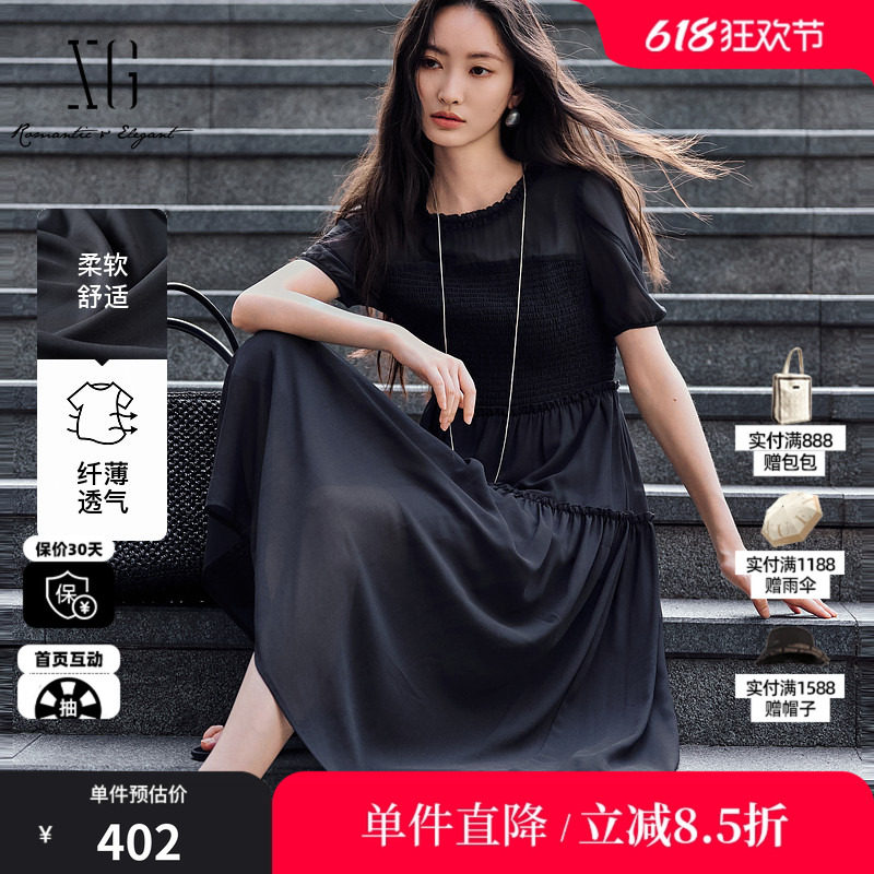 XG/雪歌XL204577A890灰色泡泡袖短袖连衣裙高腰微透薄款A字长裙女