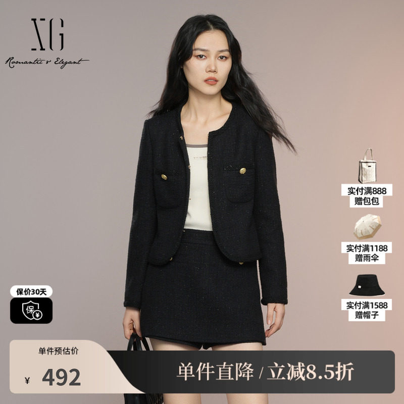 XG雪歌XK307026A390小香风长袖短外套2025秋季新款黑色短款外套女