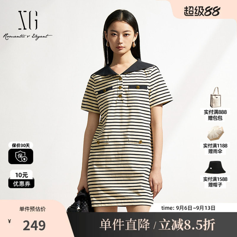 XG/雪歌XK304518A899棉感海军风直筒连衣裙大翻领减龄条纹T恤裙女