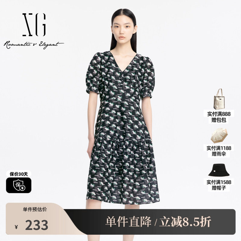 XG/雪歌XJ204055B697碎花V领短袖连衣裙时尚夏季新款A字中长裙女