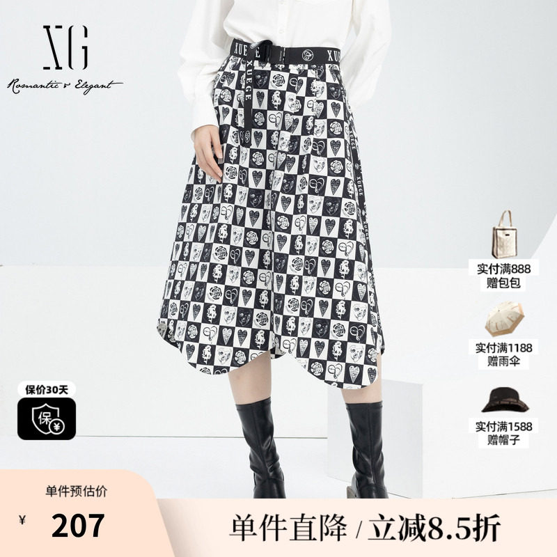 XG雪歌XJ103008B393碎花淑女风半身裙2025春季新款不规则中长裙女