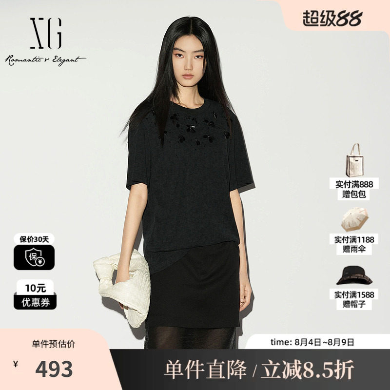 XG/雪歌XL201014A290黑色棉感短袖T恤圆领薄款钉珠内搭直筒上衣女