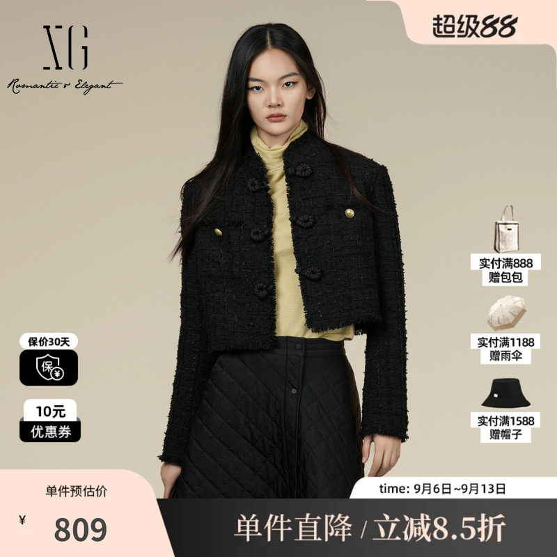 XG雪歌XK407011A390小香风长袖短外套2025冬季新款黑色短款外套女