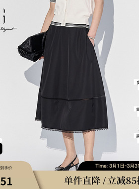 XG/雪歌XL203556A890黑色中长半身裙2025夏季新款蕾丝拼接A字裙女