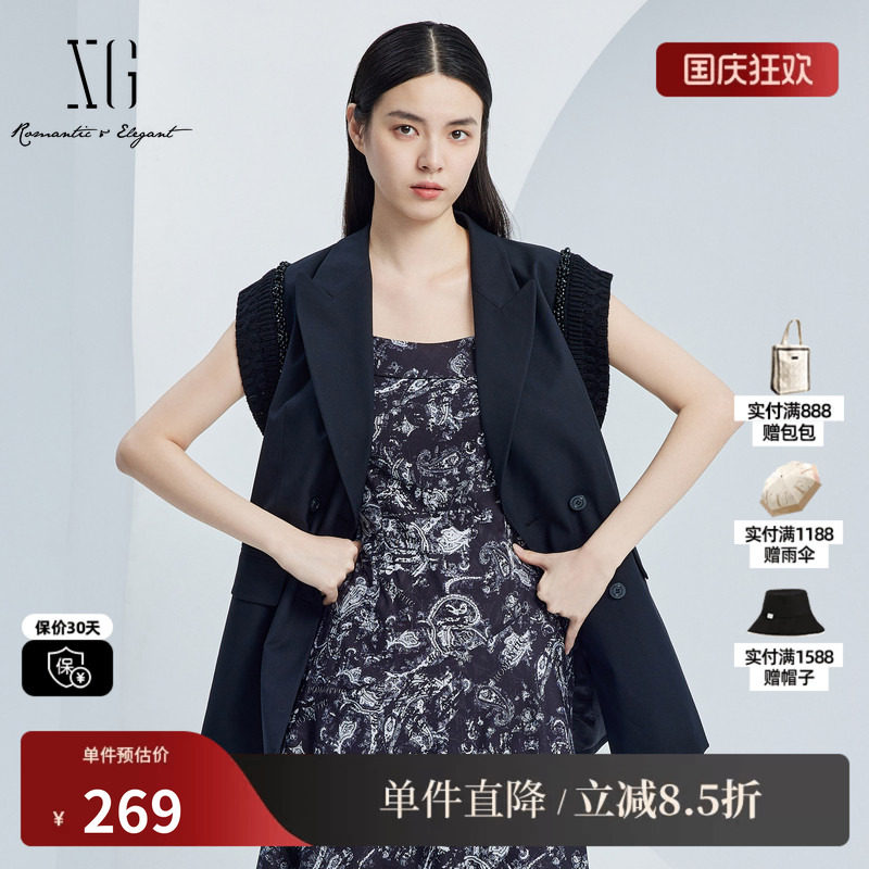 XG雪歌XJ324003A290黑色通勤马夹2025秋季新款长款西装马甲外套女