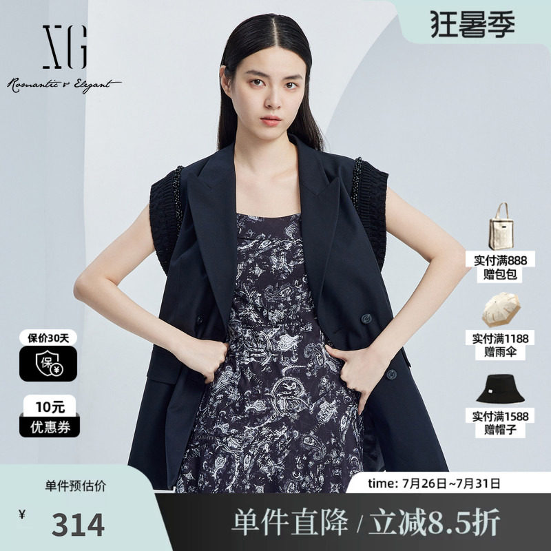 XG雪歌XJ324003A290黑色通勤马夹2025秋季新款长款西装马甲外套女