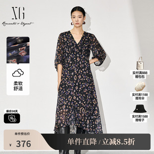 XG/雪歌XL304869A806七分袖连衣裙2025秋季新款高腰印花中长裙女