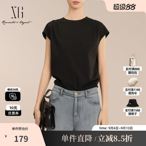 XG/雪歌XK201015A590无袖设计T恤2025夏季新款黑色莱赛尔上衣女装