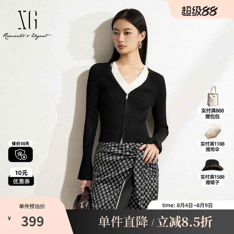 XG/雪歌XK111502A890 黑白色假两件针织衫修身显瘦套头长袖毛衣女