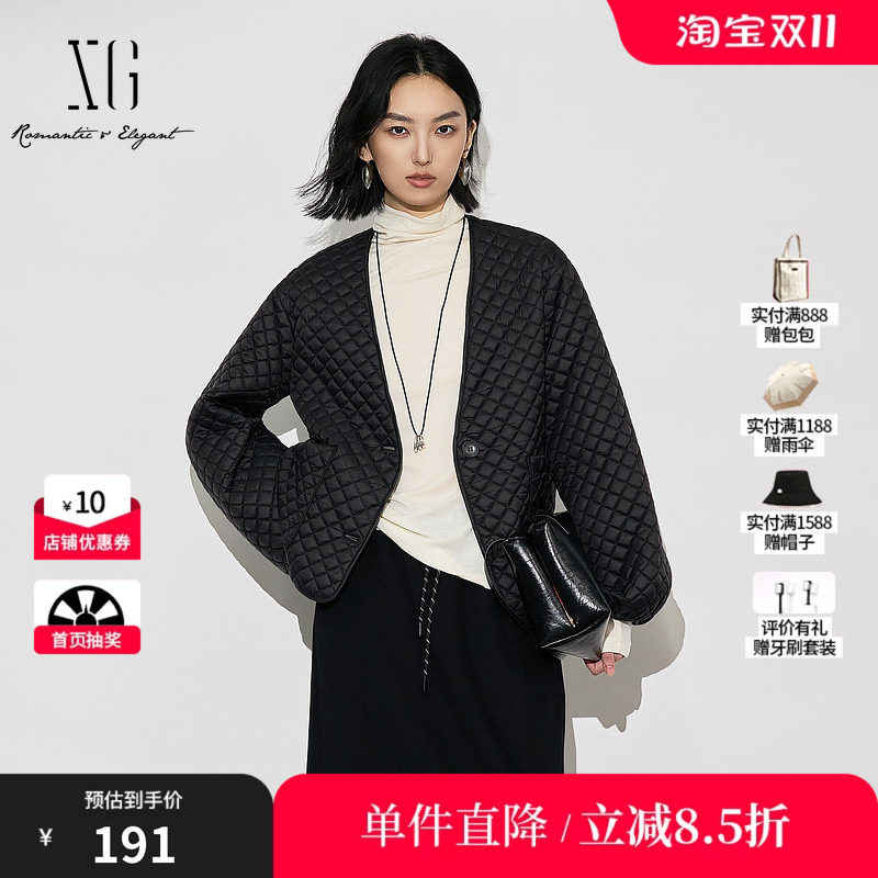 XG雪歌XK405845A890黑色菱格设计棉服时尚冬季新款宽松棉衣外套女