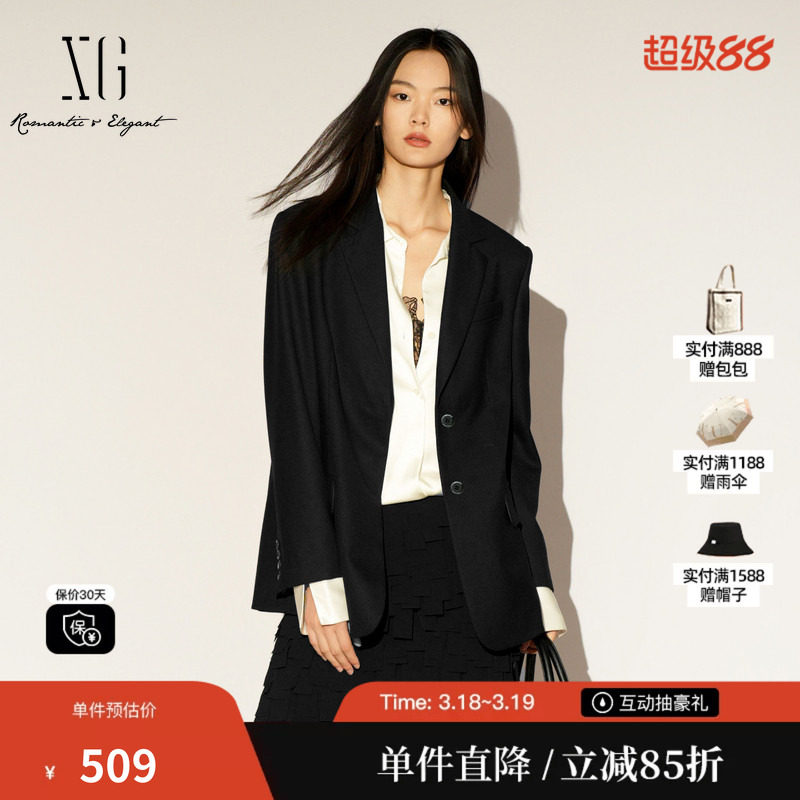 XG/雪歌XL107005A190 黑色通勤简约休闲西装翻领羊毛混纺外套女装