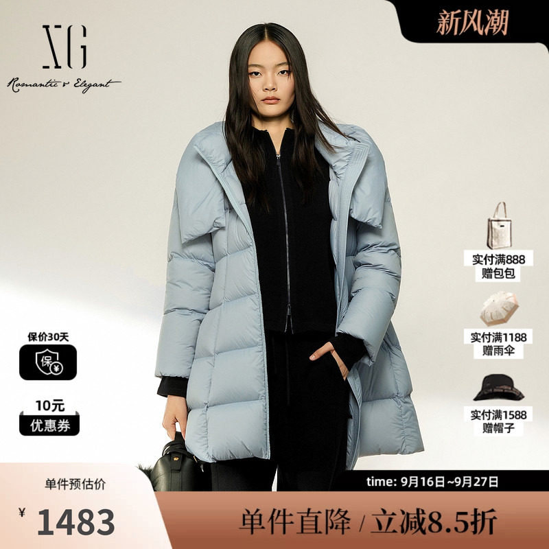 XG/雪歌 XL406003A527灰蓝色连帽中长直筒白鸭绒羽绒服加厚保暖女
