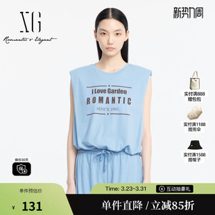 宽松无袖 新款 夏季 上衣女 雪歌XJ201018A522湖蓝字母印花T恤时尚