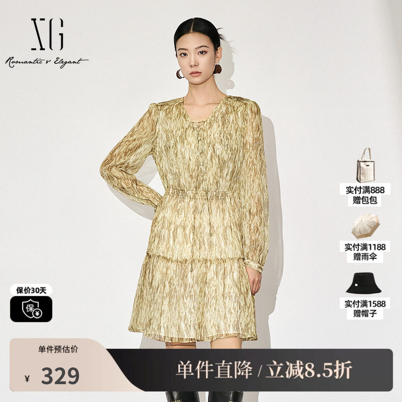 XG/雪歌XK304007B894微透印花连衣裙2025秋季新款碎花中长裙女装