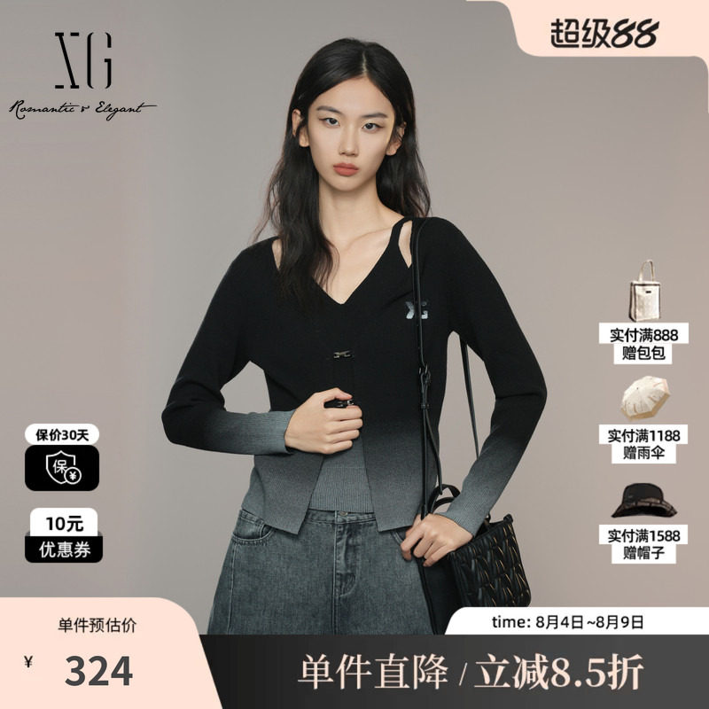 XG/雪歌XK311041B490 渐变假两件长袖毛针织衫感显瘦黑色毛衫女装